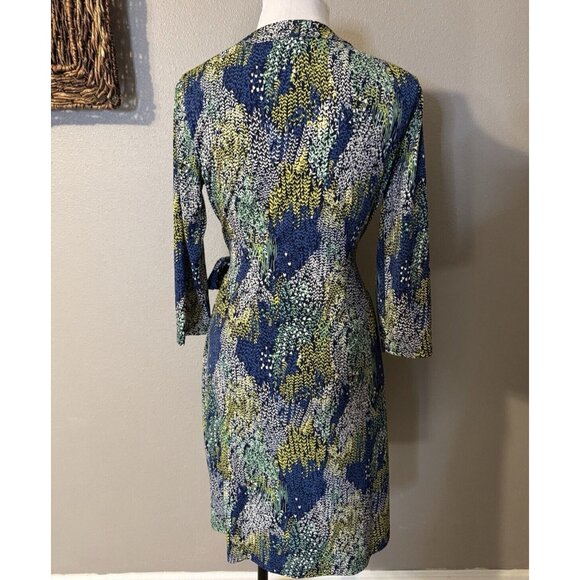 BCBGMaxAzria Wrap Dress Medium M Blue Stretch 3/4 Long Sleeve Washable - Picture 7 of 11